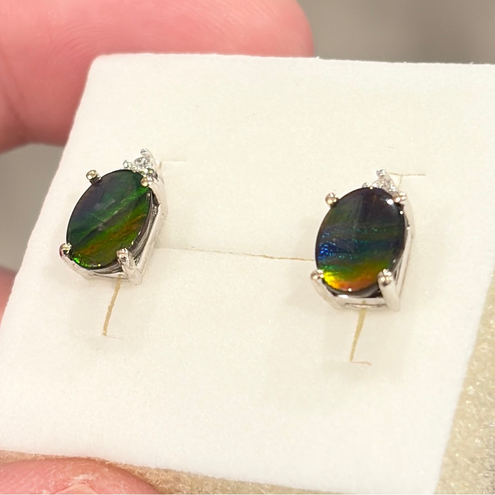 14K Ammolite Earrings Diamond Accent White Gold Rainbow AAA Oval Solitaire Studs - Picture 14 of 15